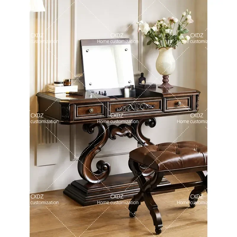American pure solid wood dresser villa carved classical makeup table with flip mirror high-end desk storage dresser