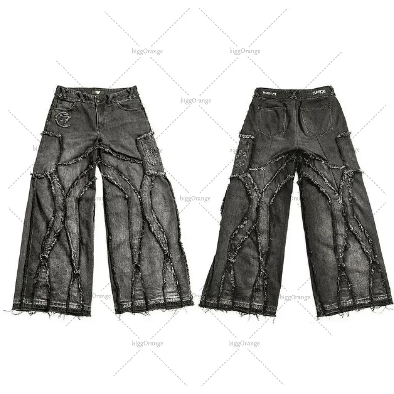 Y2k Streetwear Punk Relaxed Wash Jeans Ripped Rap Style West Coast Workwear US Plus Size Clothing Men's Drag Pants