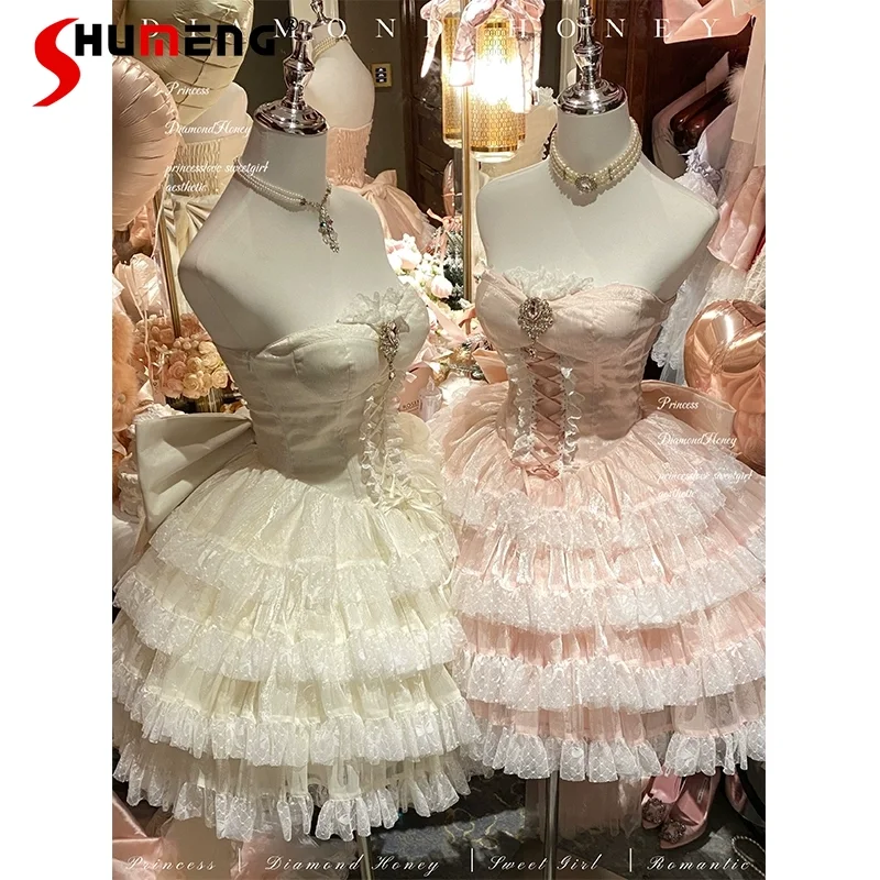 

French Romantic Celebrity Princess Dress Women's Lace Heavy Industry Lo Strapless Dress Women's High Waist Birthday Party Dress