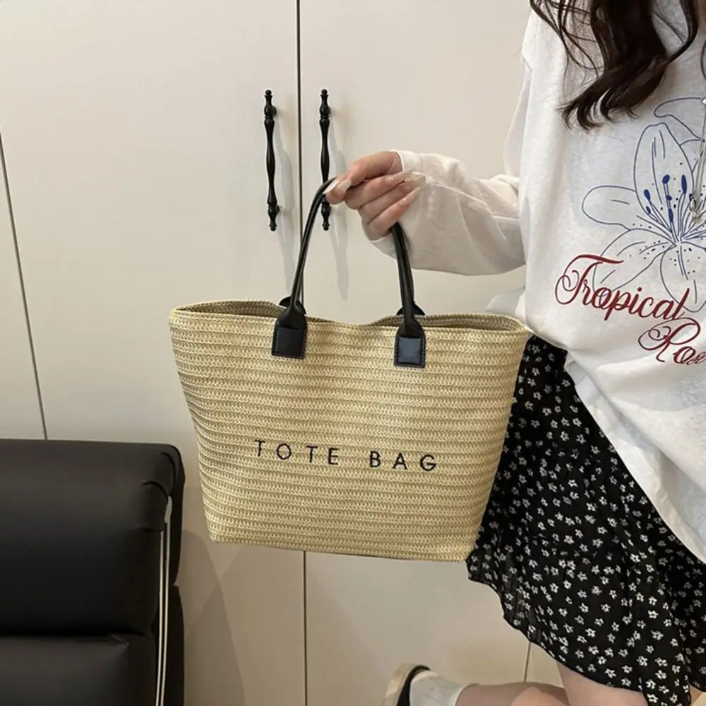 

Trendy Beach Handbag Straw Woven Bag Large Capacity Bucket Bag Bohemian Beach Bag Letter Shoulder Bag Summer