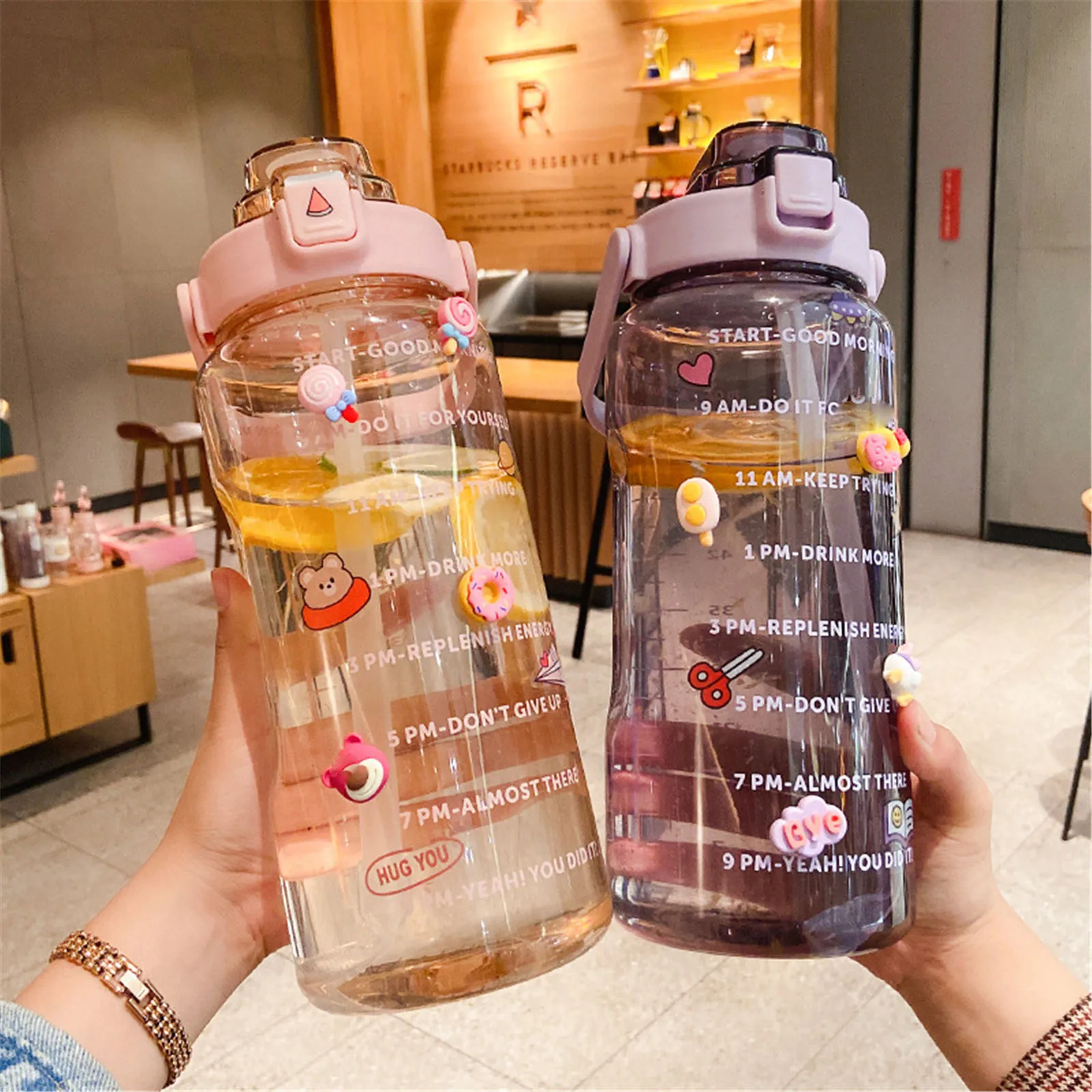 

2L Portable Sports Straw Water Bottle With Stickers Large Capacity Fitness Bike Cup Children Adults Summer Ice Cold Water Jug