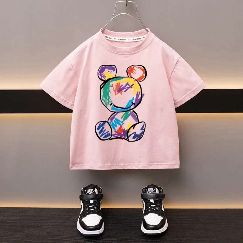 Boys Cotton T-shirt Cartoon Graffiti Bear Printed Girls Tees Summer Short Sleeve Children Tops High Quality Casual Kids Clothes