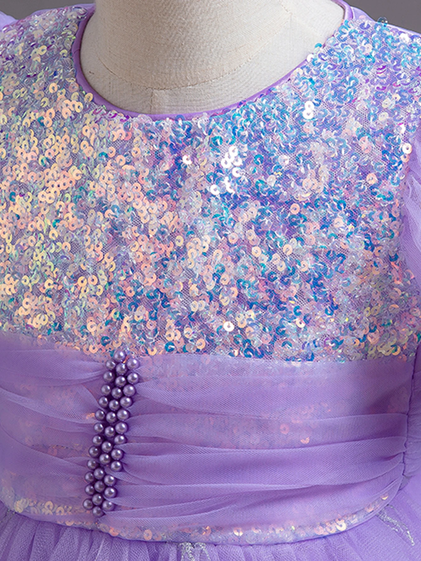 보라색 푹신한 어린이 버블 소매 롱 드레스 파티용 소녀 스팽글 공주 드레스 꽃 소녀 드레스