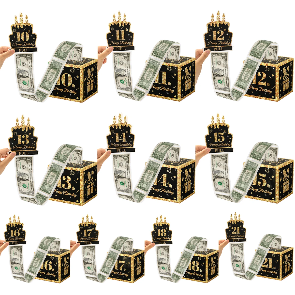 Regalos de cumpleaños para niño y niña, caja de dinero para regalo en efectivo con caja de regalo sorpresa de cumpleaños extraíble, decoración de cumpleaños de oro negro