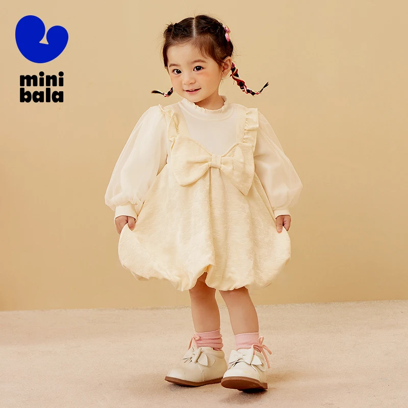 

Mini Bala Girls Dress Baby Faux Two-Piece Stylish Suspender Dress Red Party Princess Outfit for Special Occasions