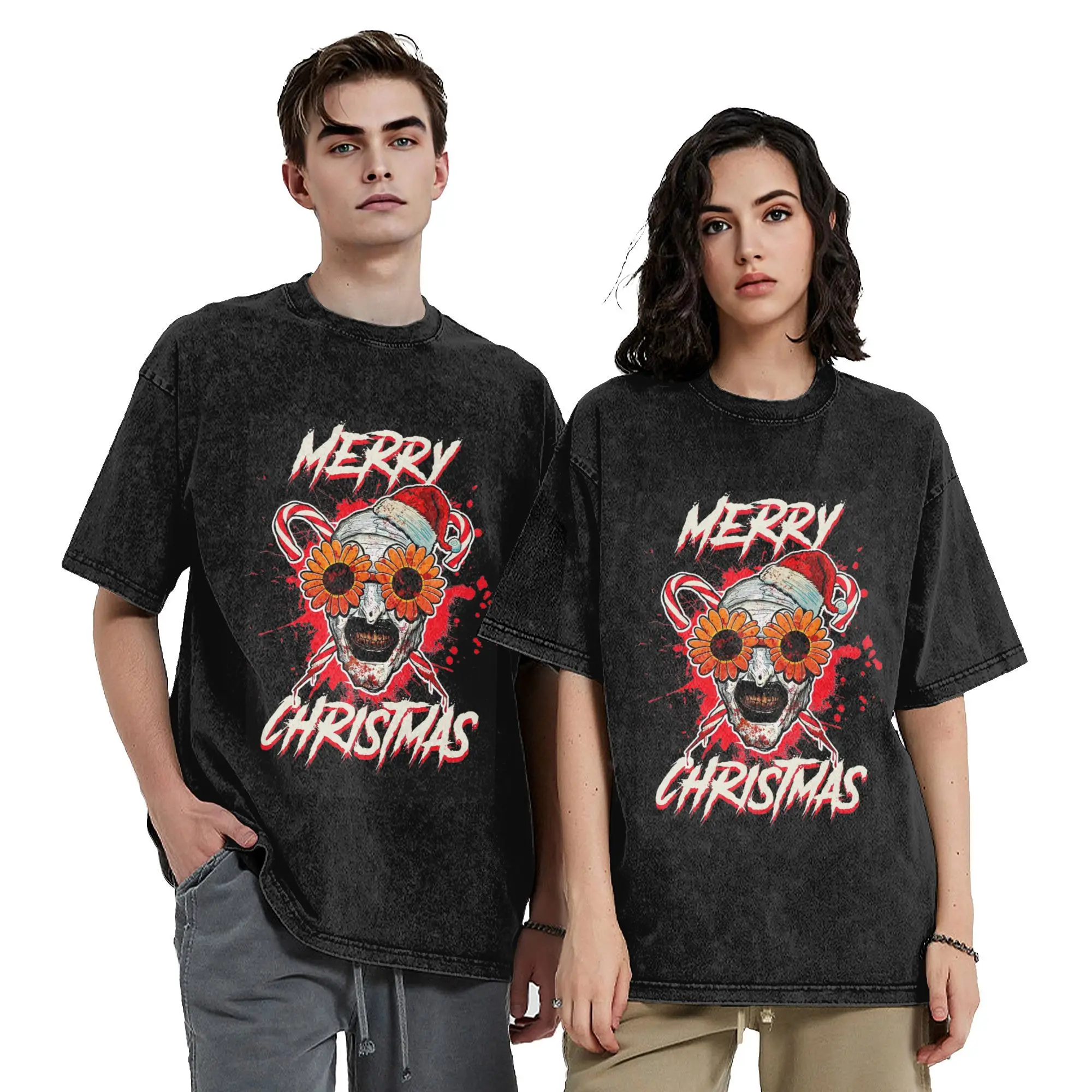 

Merry Xmas Sunflower Sunglasses Horror Clown Movie Art Terrifier Vintage Washed T-Shirt Unique 100% Cotton Tees Party Clothes