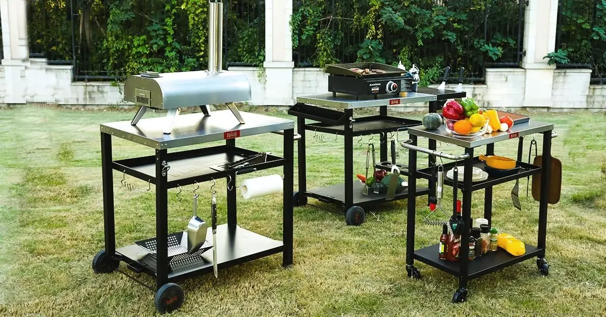 -Shelf Movable Food Prep and Work Cart Table, Home and Outdoor Multifunctional Stainless Steel Table Top Worktable on Two W