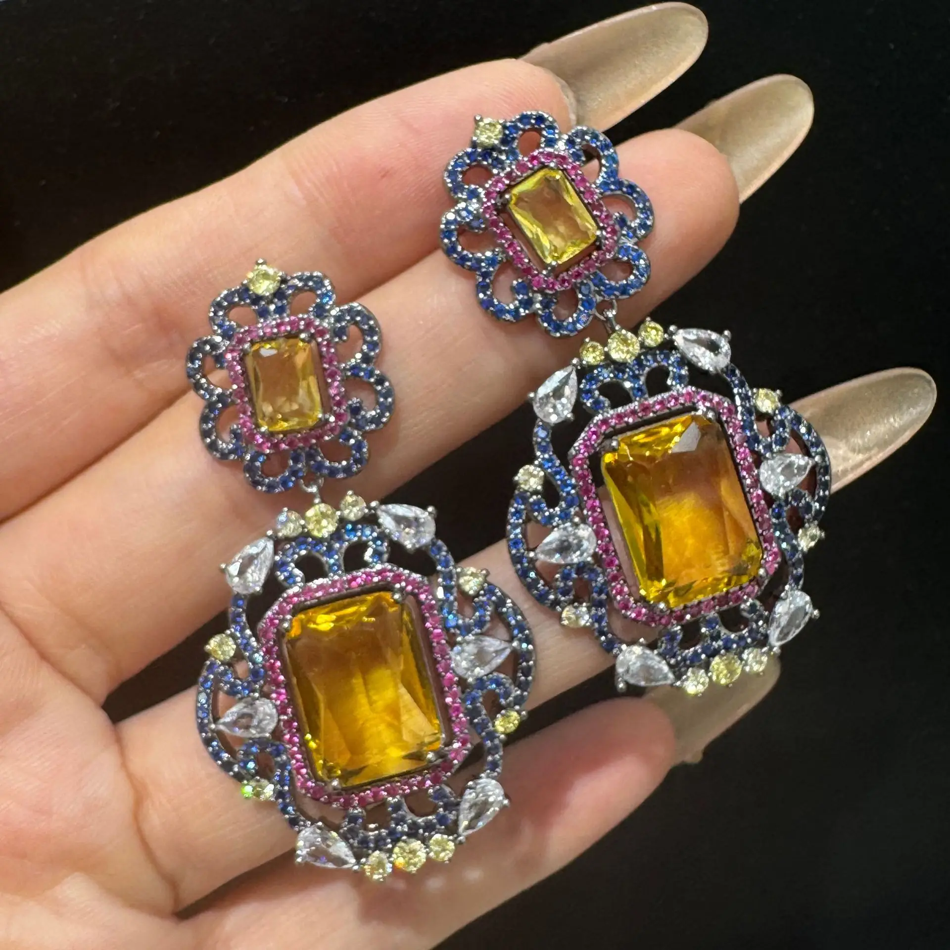 

women earrings vintage luxury jewelry dinner party wedding bride dangling earrings blue yellow pink zirconia artificial gemstone