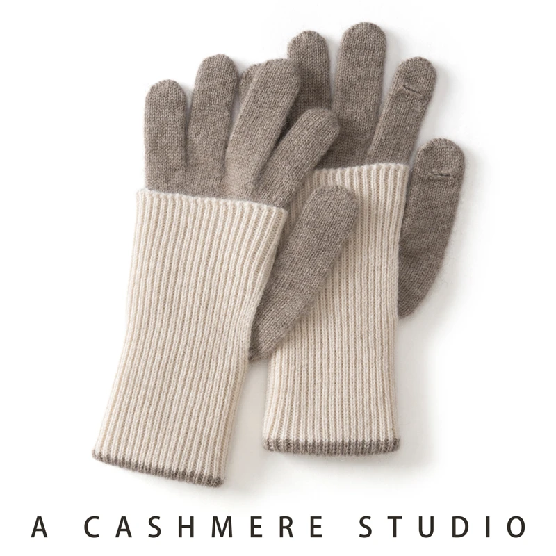Cashmere Knitted Touchscreen Gloves Women's Splicing Color Versatile Fashion Two Finger Thick Warm Outdoor Skiing Plush Gloves