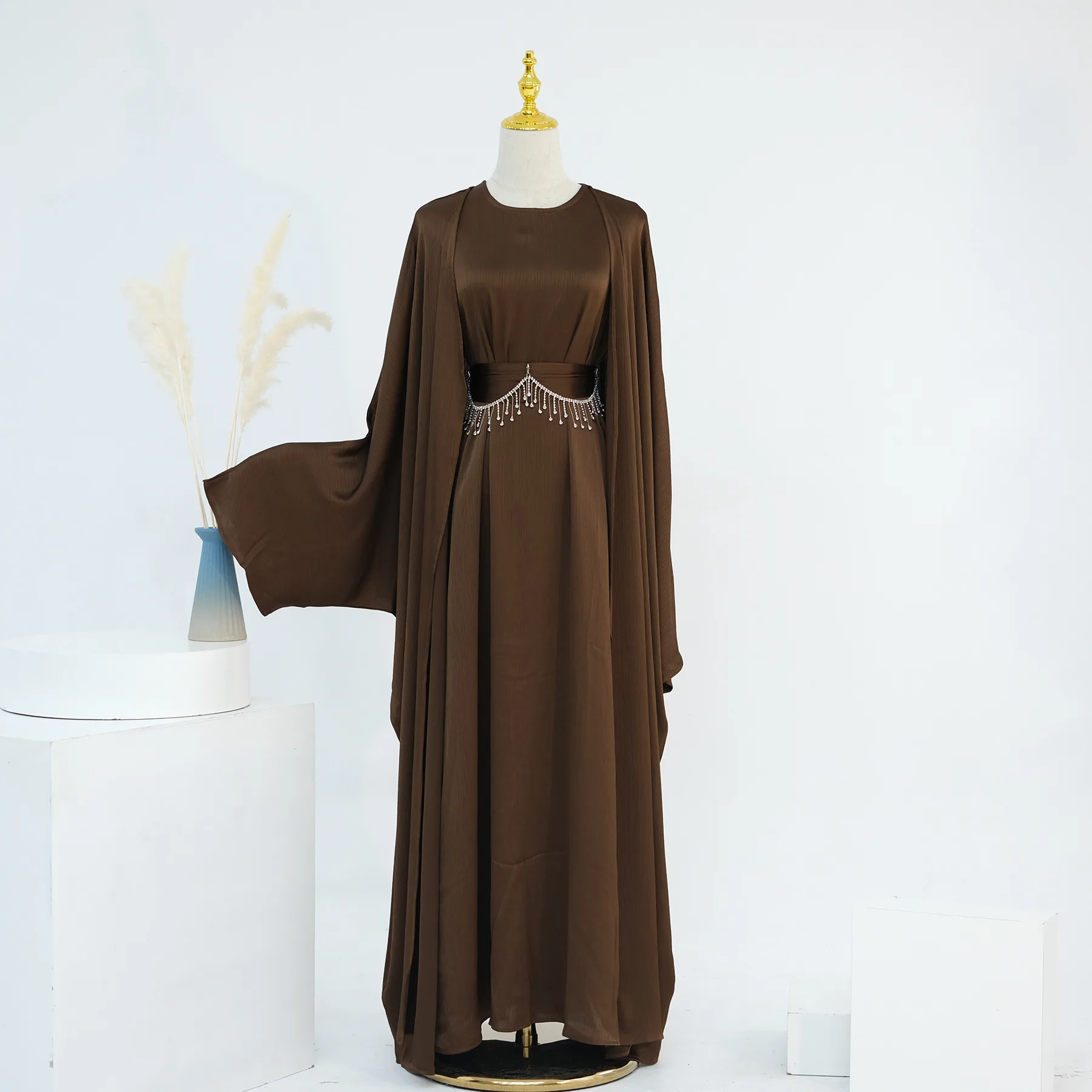 Dwuczęściowy zestaw Abaya Diamond Chain Belt Kimono Sleeveless Under Dress Eid Ramadan Muslim Women Islam Clothing Turkey Kaftan Robe