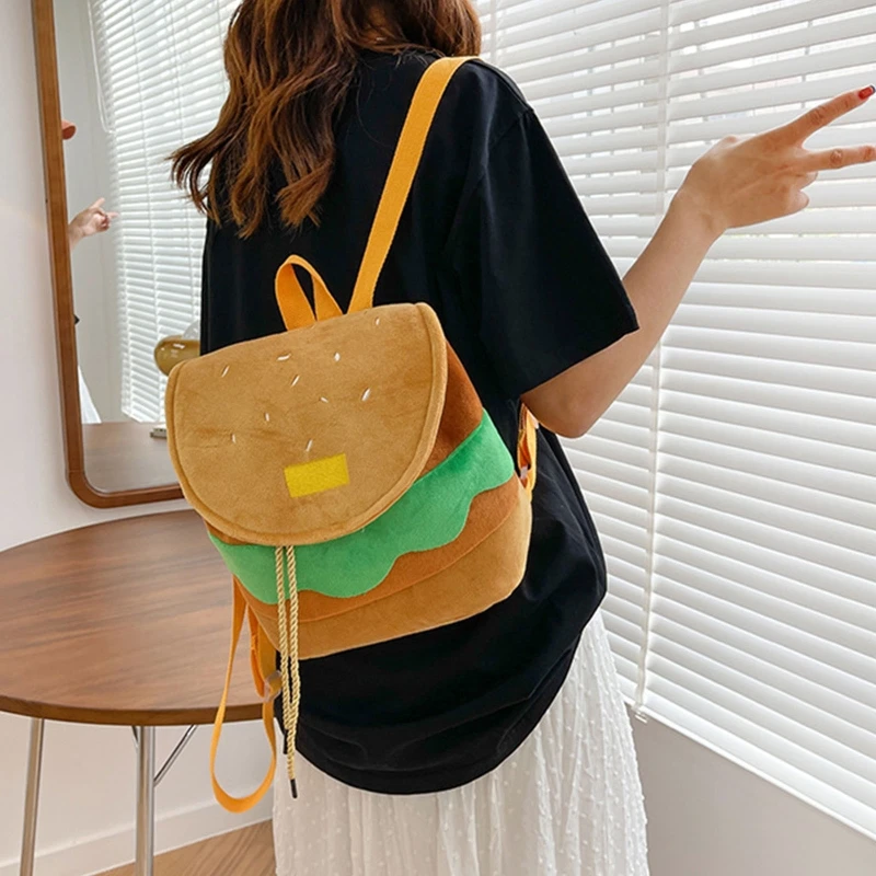 Cartoon Hamburger Backpack for Girl Women Student School Bag Drawstring Backpack