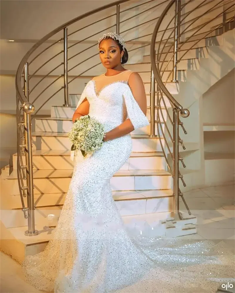 

Customized Wonderful Glitter Mermaid African Wedding Dresses Robe De Mariee Full Shinny Beads Crystals Bridal Gown