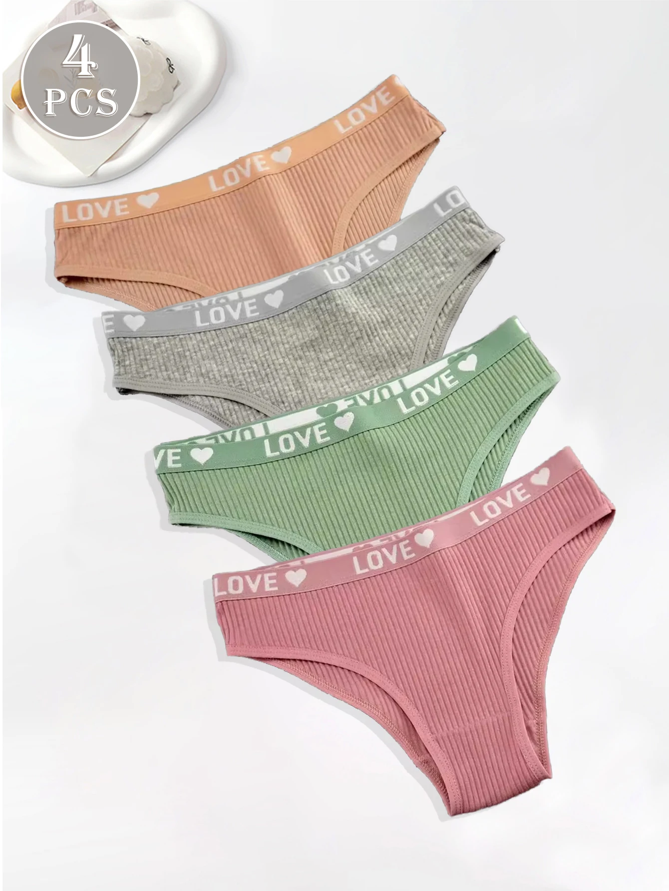 4pcs Sexy Ribbing Heart-Shaped Letter Women's Underwear, Casual Sportswear, home Mid-Waist Women's Triangle Panties.