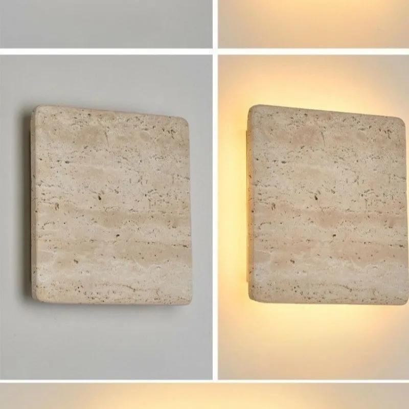 Square Travertine Wall Sconce LED Backlit Stone Light Fixture Modern Wabi-Sabi Hotel Bedroom Bathroom Mirror Wall Lamp 23cm