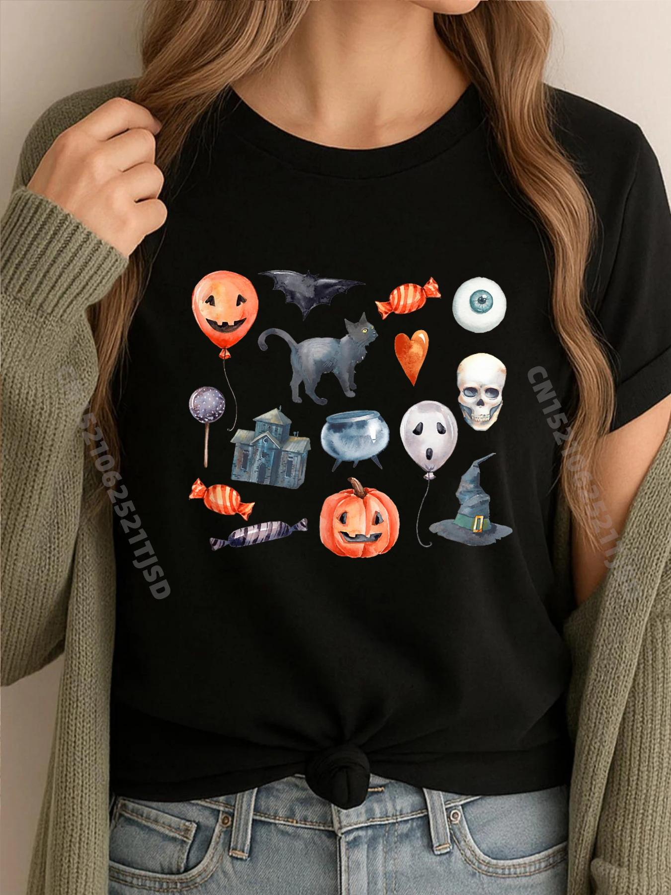 

Хэллоуин значки конфеты тыквы кошки рубашки со скелетами женская графическая мужская одежда 2025 стираная футболка в стиле ретро