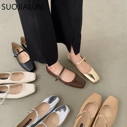 SUOJIALUN Spring New Women Flat Shoes Fashion Gold Ladies Soft Flat Heel Mary Jane Shoes Casual Outdoor Dress Ballerinas Shoes