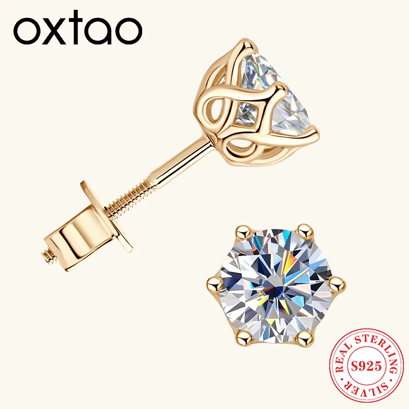 OXTAO 100% ريال 10K الذهب الأصفر الكلاسيكية مويسانيتي وأقراط S925 الفضة 6 الشق D اللون مختبر الماس مجوهرات الزفاف القرط