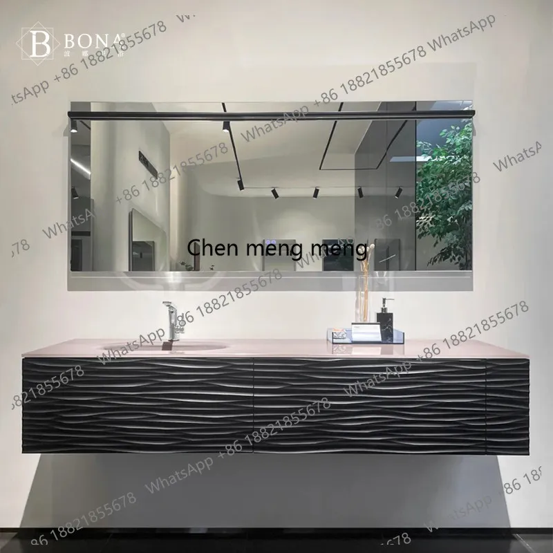 

Modern simple light luxury solid wood bathroom cabinet combination rock slab countertop ceramic integrated basin