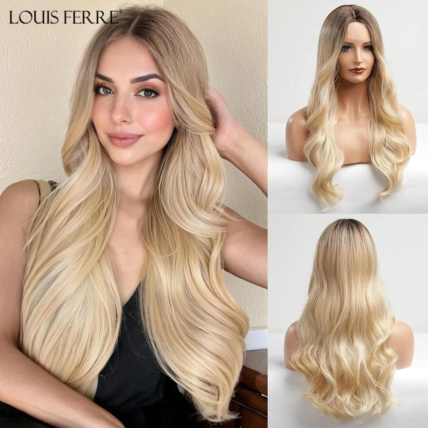 

Long Curly Blonde Ombre Synthetic Wigs for Women Middle Part Wavy Wigs With Bangs Natural Hair With Dark Roots Hairline Lace Wig