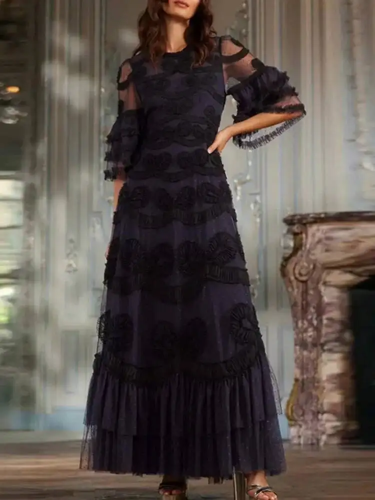 QMQA Fashion Women\'s Color Block Dresses Lace Print Big Swing High Waist Flare Short Sleeve Elegant Dress 2025 Clothing 1A103