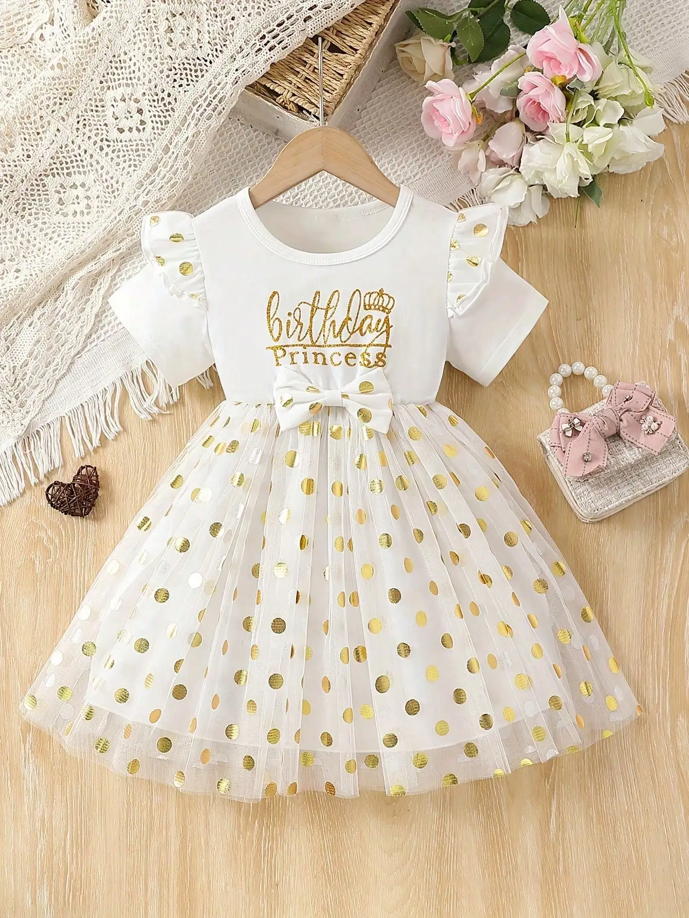 Children's round neck letter printed lotus leaf sleeves short sleeves polka dot bow mesh skirt long skirt dress