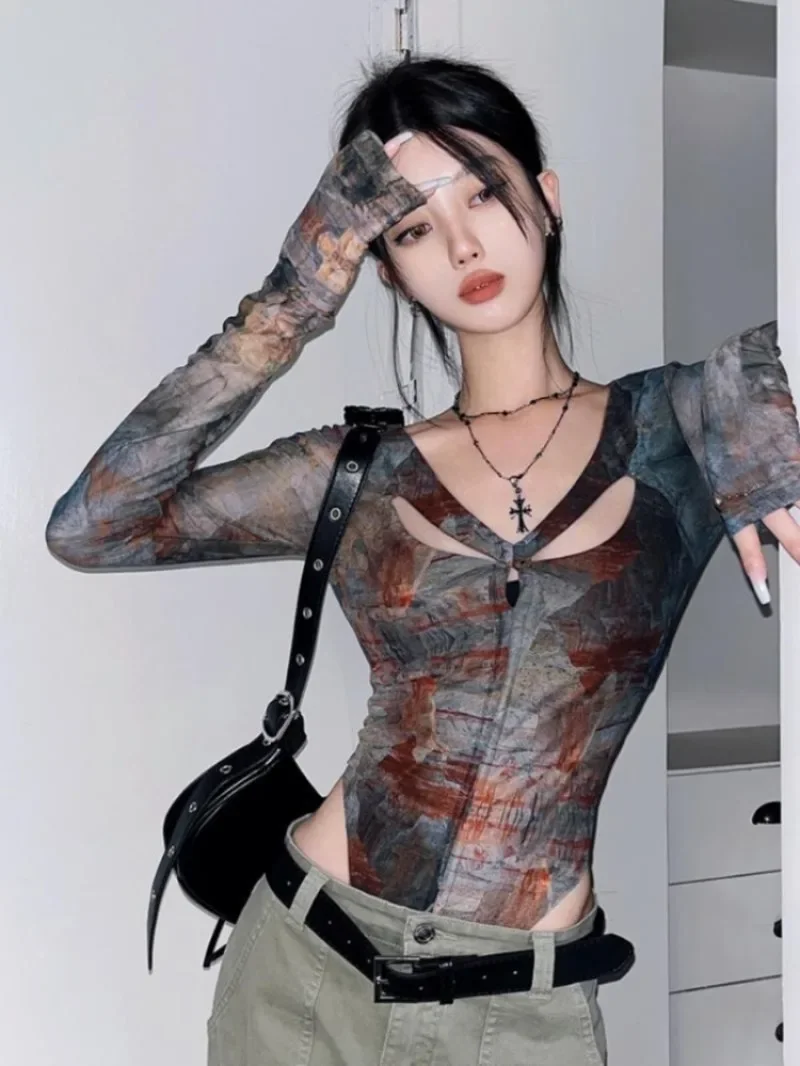 Vintage Mesh Printed One-piece T-shirt for Women 2024 Autumn Thin Tops Mujer Y2k Grunge Slim Fit Long Sleeve Tee Shirt