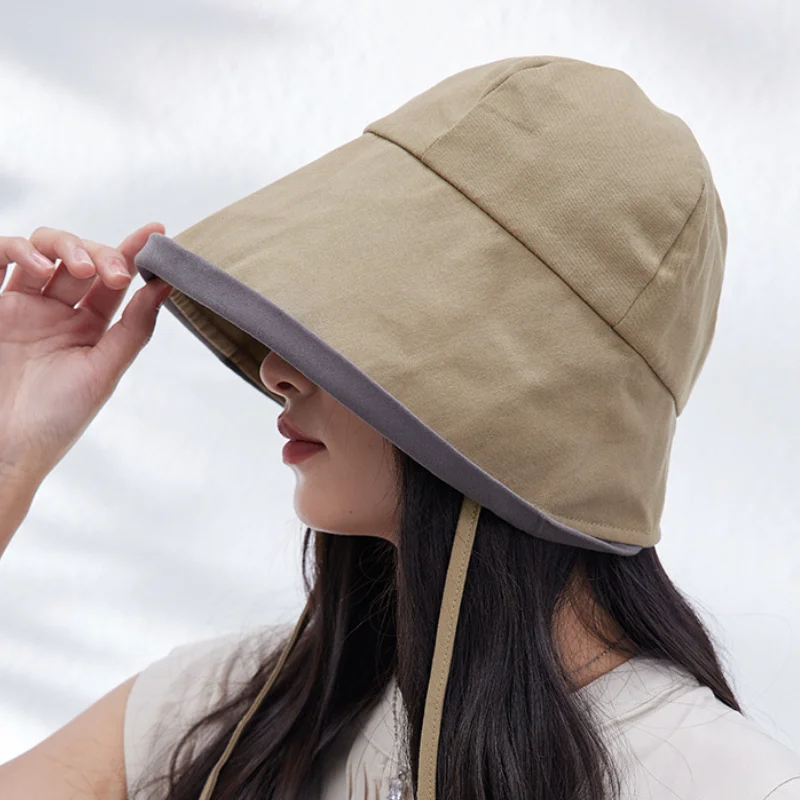 Summer women's casual solid color Japanese high count cotton rolled edge fisherman hat