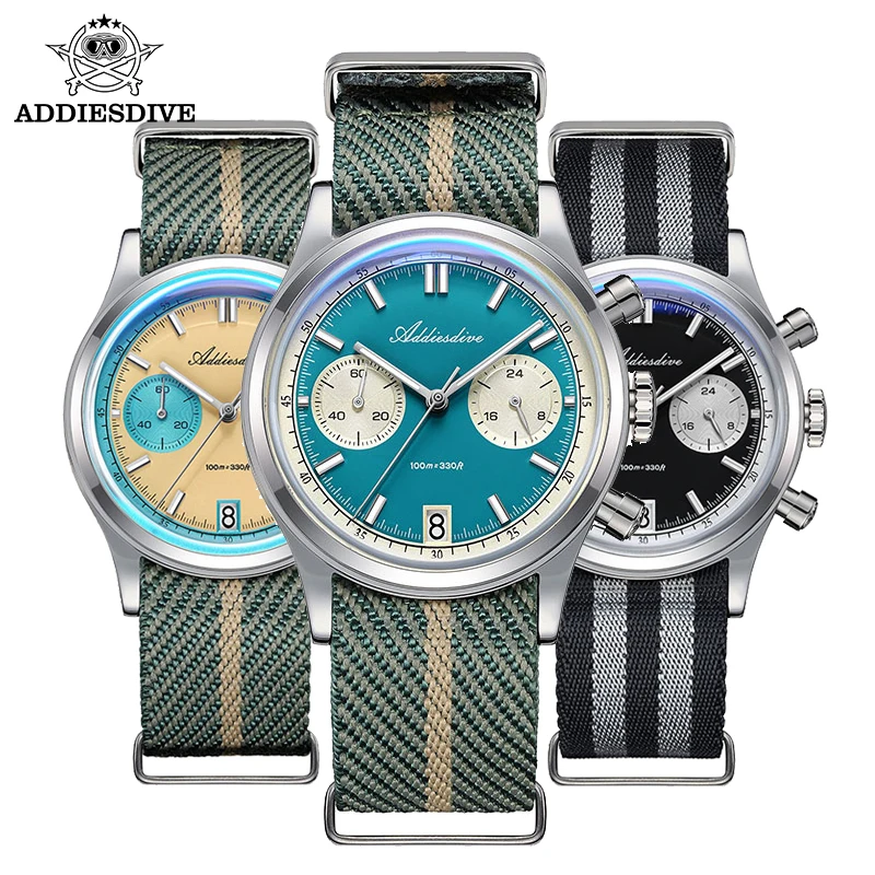 

ADDIESDIVE 38mm Chronograph Watch Men Luxury BGW9 Luminous 100m Waterproodf Bubber Domed Glass Japan VK64 New Quartz Wristwatch