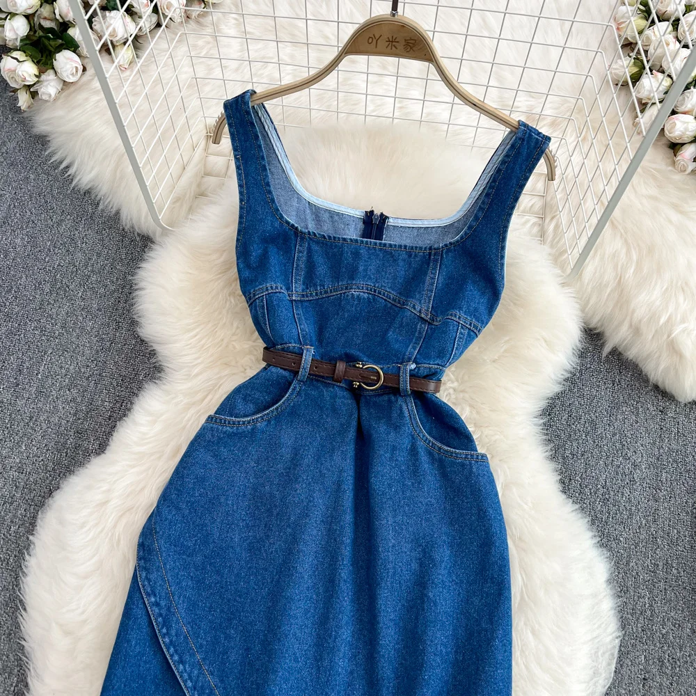 ssTss Denim Strap Dress 2024 Fashion Women Goddess Waist Slim Sleeveless Jeans Dress Ladies Side Slit A-line Vest Denim Dress