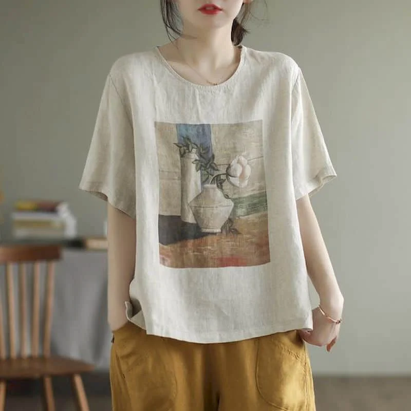 Printed Shirts for Women Cotton Linen Vintage Short Sleeve T-shirts Loose Casual Korean Style O-neck One Piece Blouse Women Tops