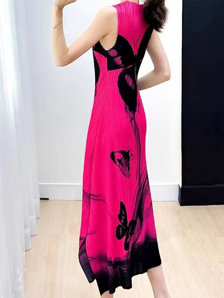 2024 Summer High-end Pleated Butterfly Printing Round Neck Sleeveless Screw Thread Loose Elastic Force Vintage Casual Dresses