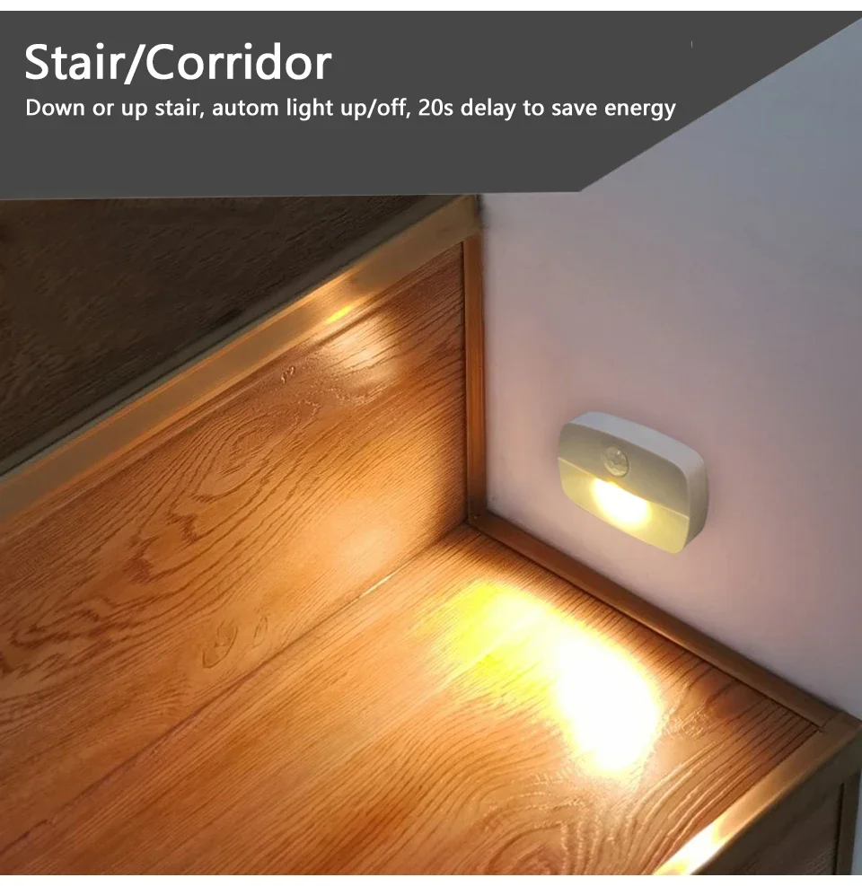 Stick on PIR Motion Sensor LED Night Light Battery Operated Nightlight for Bathroom Hallway Stairs Closet Cabinet Bedroom Decor
