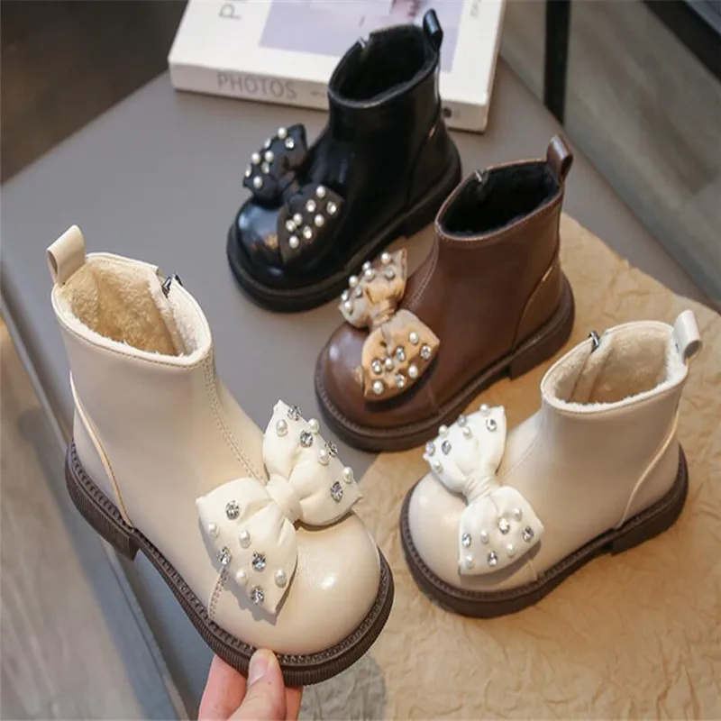 

Girls Princess Boots Kids Fashion bow Plush Leather Ankle Boots Autumn and Winter Round-toe PU Soft Sole Cotton shoes Side Zip