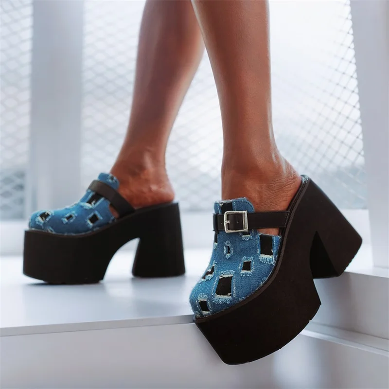 

Eilyken, новый дизайн, женские шлепанцы на массивной платформе и танкетке с пряжкой на ремне, модные туфли-мюли на высоком квадратном каблуке с круглым носком