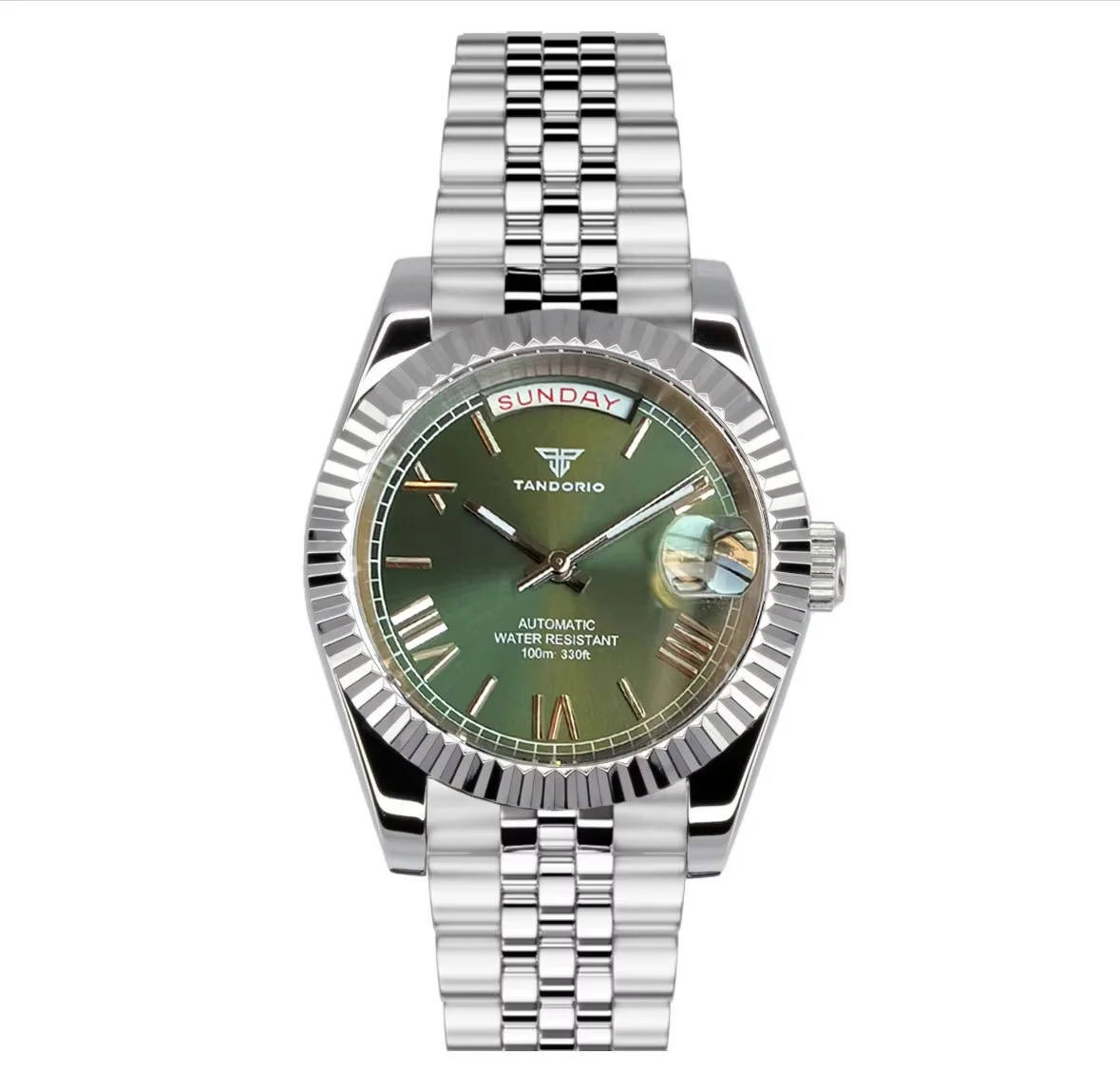 Tandorio New Classics Day Date Olive Green Dial Automatic Mechanical Men watches For NH36 Sapphire Glass 200m Waterproof Diving