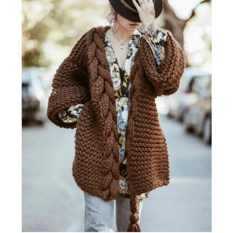 Hand-woven Split Wild Tassels Hook Twist Sweater Coat Crocheted Cardigan Autumn and Winter Thick Long Lantern Sleeve Crop Tops