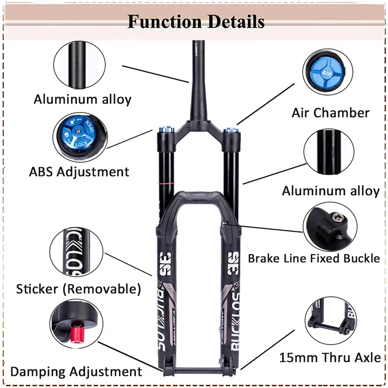 BUCKLOS 27,5/29 Zoll MTB-Fahrrad-Luftfedergabel, 110 x 15 mm, Scheibenbremse, Fahrrad-Vordergabeln, 160 mm Federweg, 36 mm Rohr, E-Bike-Gabel – Detail 5