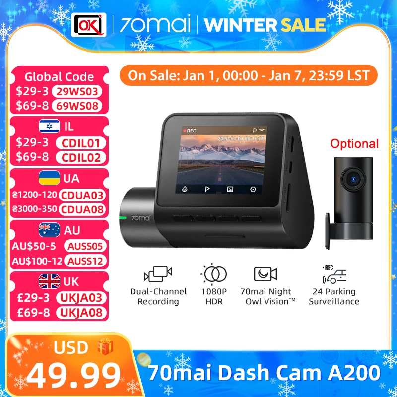 70mai Dash Cam A200 1080P HDR Dual Channel Car DVR 130° FOV Car Black Box 24 Hour Parking Monitor Car Recorder Night Owl Vision