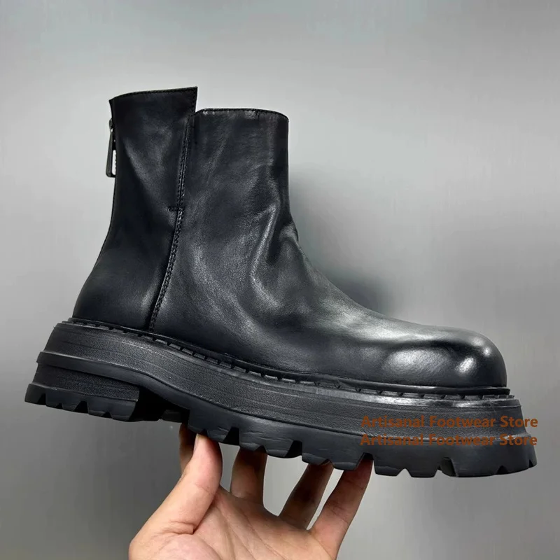 

Thick-Soled Chelsea Boots Genuine Leather Casual Males Boots High Top Leather Back Zipper New In Trendy Handmade Men's Shoes