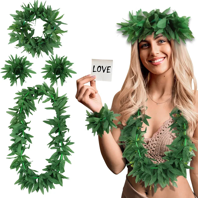 Conjunto de Colar, Tiara e Pulseira com Folhas Verdes, Adorno para Festa de Verão Tropical, Festa na Praia, Fantasia de Baile Havaiano