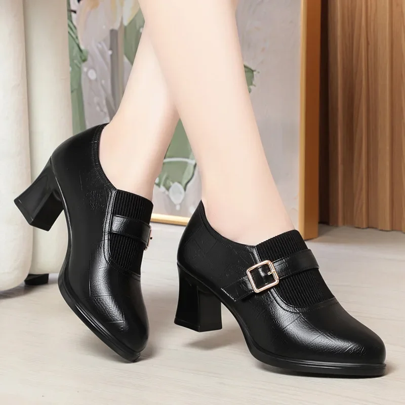 6cm Comfortable Deep Mouth Soft Leather Shoes Women Pumps 2024 Spring Med Block Heels Shoes for Office Mom Model Daily