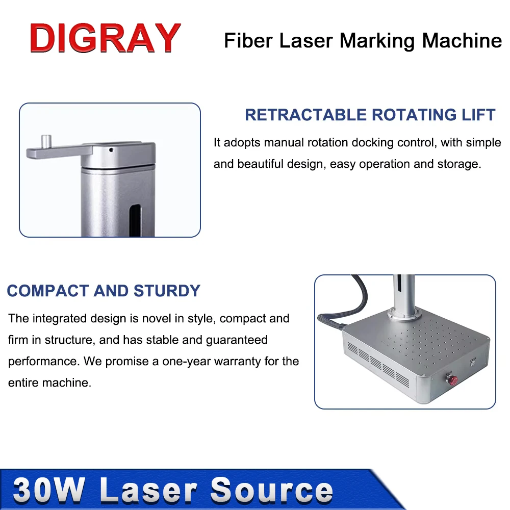 آلة الوسم بالليزر الصغيرة DIGRAY، 30 وات محمولة الكل في واحد، قابلة للطي، آلة نقش معدنية صغيرة من الألياف الضوئية.