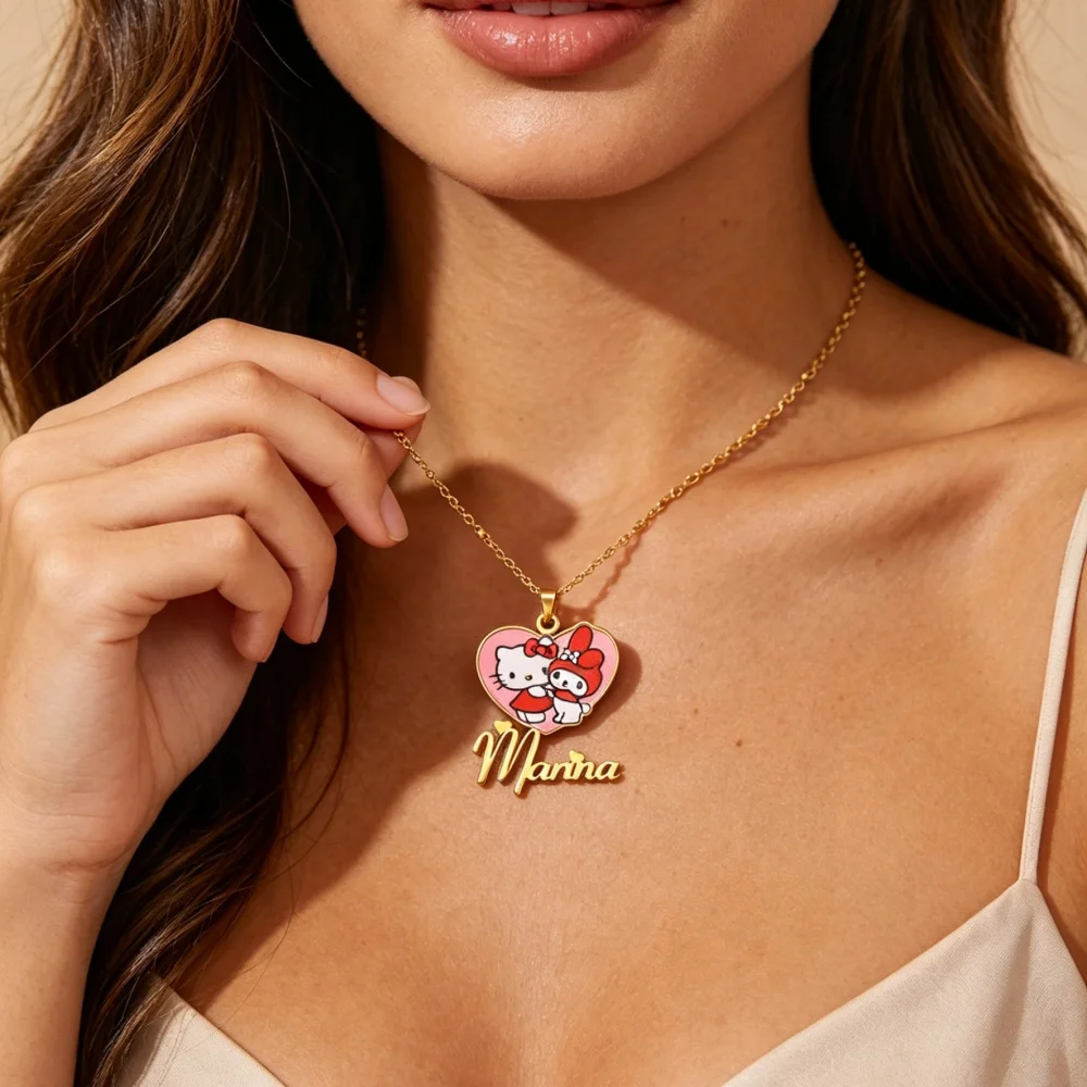 

Custom Name Hello Kitty My Melody Necklace Stainless Steel Cute Cartoon UV Color Printing Necklace Sanrio Jewelry Women Gifts