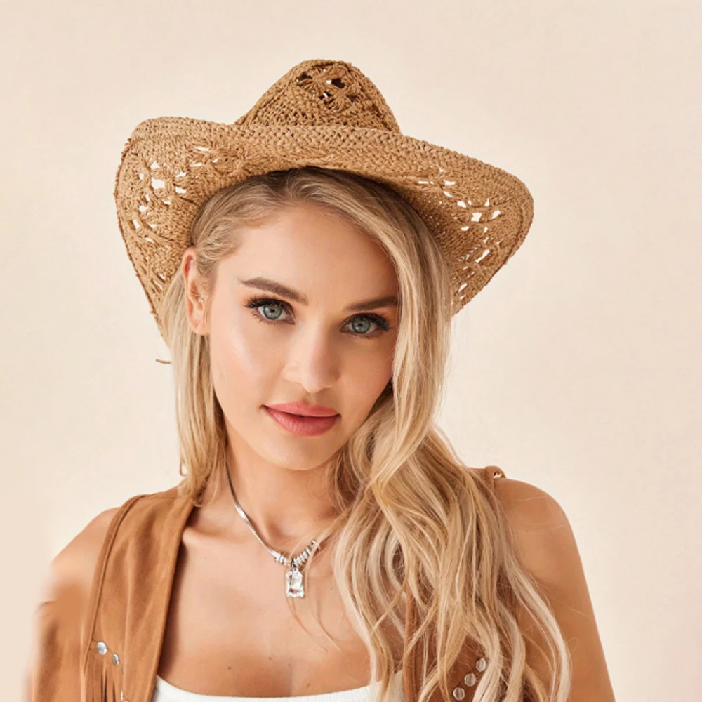 Spring and summer new hollowed out denim hat, hand woven straw hat, breathable and cool American style upturned edge jazz top ha