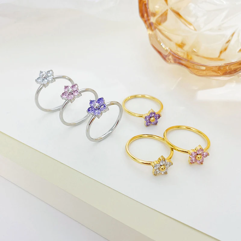 Anel floral banhado a ouro 14k para mulheres, aço inoxidável, zircônia cúbica, impermeável, textura floral, empilhável, presente de festa