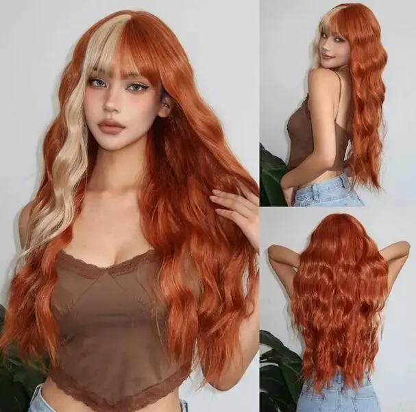 

Orange Long Wavy Wig with Bangs Blonde Highlight Wig Natural Wave Holiday Synthetic Hair Wigs Women Heat Resistant Cosplay Wig