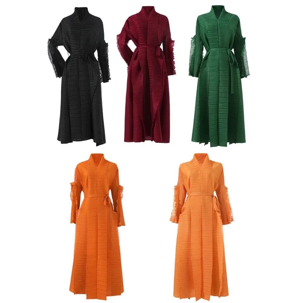 

Miyake Pleated Big Size Dress 2025 Spring and Autumn New Pleats High Neck Waist Tie Temperament Long Dresses Party Dresses