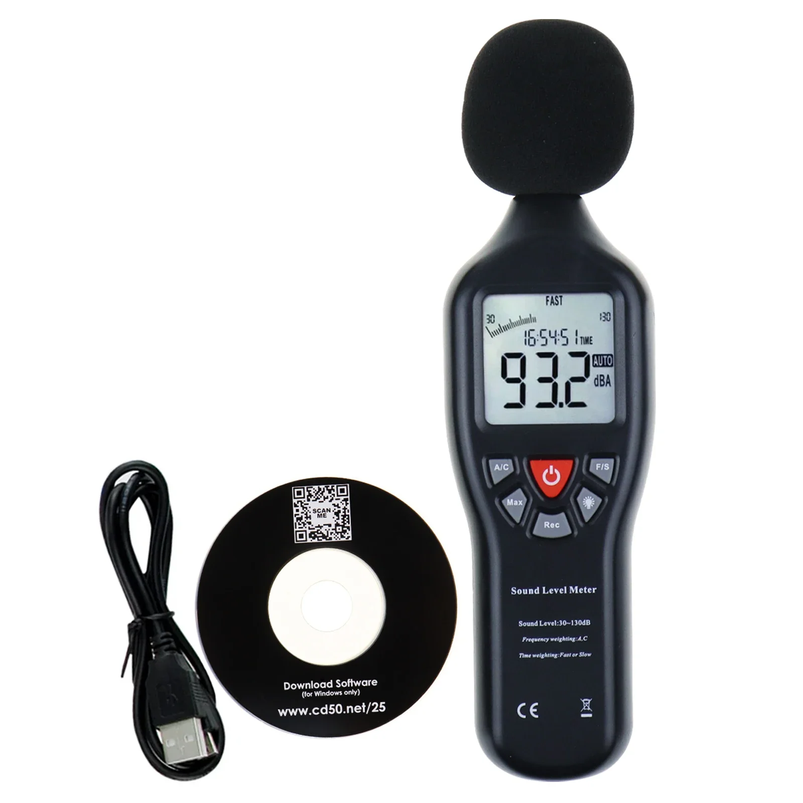 

High Accuracy Measuring 30dB-130dB with Data Record Function Sound Level Meter with Backlit Display Compact Professional