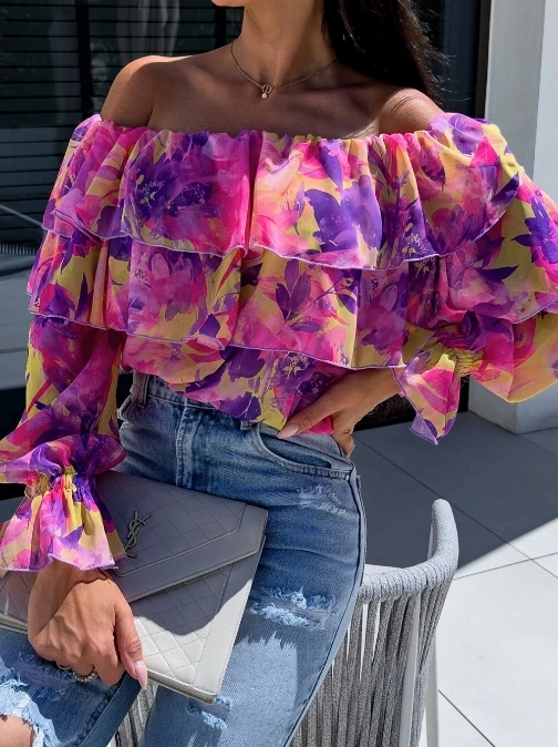 Blusa de gasa con volantes en capas para mujer, top de manga larga con estampado Floral, cuello de barco, hombros descubiertos, moda Sexy y elegante