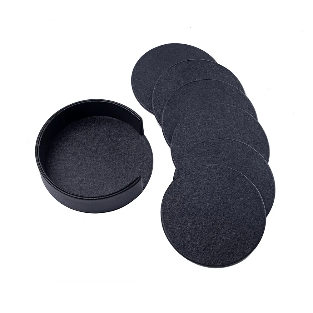 

7 pcs Round Pu Coasters Set Heat Insulation Cup Mat For Coffee Tea Beer Marble Design Non-Slip Table Protection Black